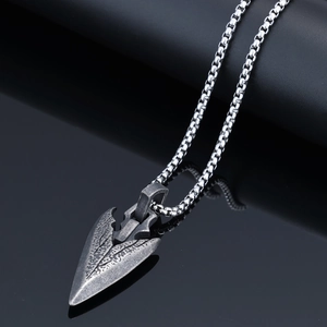 Vintage Viking spearhead pendant necklace with distressed silver texture and round box chain