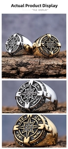 Detail of vintage compass rings with sparkling zircons on a rustic wood background