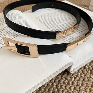 Detail of two black slim leather belts with golden geometric buckles on an open book