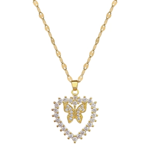 Elegant gold heart pendant necklace with butterfly detail and cubic zirconia crystals