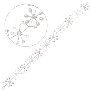 Detail view of bridal hair vine featuring white ceramic flowers, pearls, and silver wire