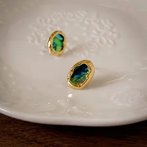 Irregular Oval Stud Earrings With Abalone Shell Inlay And 925 Sterling Silver Earring Post French Retro Vintage Style