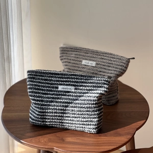 Striped Tweed Woolen Cosmetic Bag Large Capacity Toiletry Organizer Clutch With Canvas Lining Zipper Closure For Women