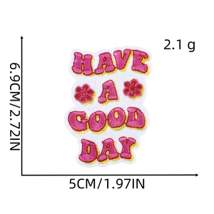 Detail view of Have a Good Day cartoon embroidery patch with dimensions and weight