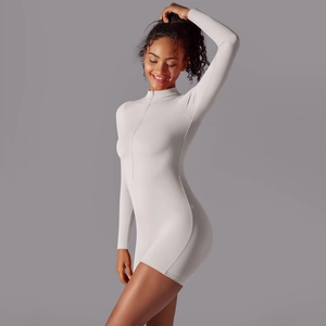 Detail view of the sleek zipper collar and premium high-elastic fabric texture of the bodysuit