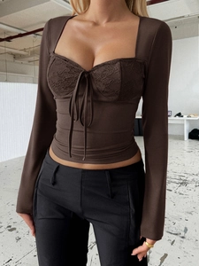 Y2K style brown long sleeve lace patchwork top with tie-front detail for women