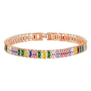 Macro detail of 925 hallmark on rose gold rainbow gemstone tennis bracelet band