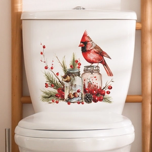 Sticker WC de Noël avec cardinal rouge, baies d'hiver et décor de branches de pin
