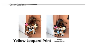 Detail display of Yellow Leopard and Green Leopard plush bags with cute dog charms