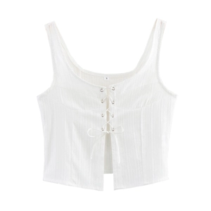 Minimalist white sleeveless crop top with front lace-up detail and ribbed texture for women
