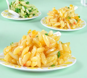 Macro detail of miniature fried rice food models with tiny spoons on colorful plates