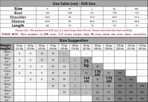 European size chart for men cardigan sweater showing measurements in centimeters and inches