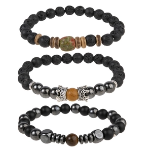 Beaded Bracelet Volcanic Lava Stone Hematite Tiger Eye Alloy Crown Elastic Rope Jewelry Retro Bohemian Style For Men Women