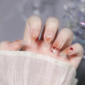 Press On Nails Long Coffin Acrylic Nail Tips Heart Pattern Gradient Blush Glossy Elegant Sweet INS Style For Women Girls