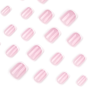 Minimalist French short square press-on nails with pink base and glossy white tips