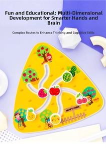Macro shot of wooden farm maze puzzle toy with colorful fruit sliding blocks
