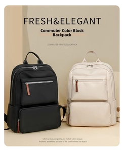 Detailed view of casual dual-color backpacks with multi-pocket design and contrast zippers