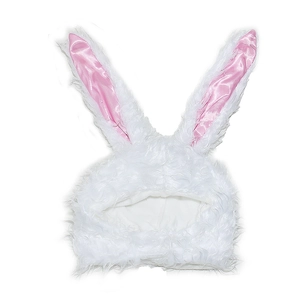Close-up of fluffy white plush rabbit hat with pink inner ears and smooth satin lining