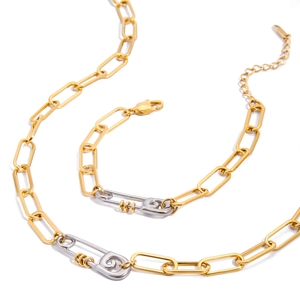 Stainless Steel Jewelry Set For Women Two Tone Gold Silver Paperclip Chain Safety Pin Pendant Necklace And Bracelet
