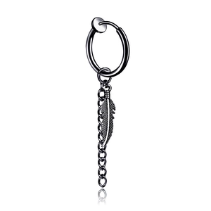 Minimalist black leaf chain clip-on earring featuring a stylish feather pendant dangle