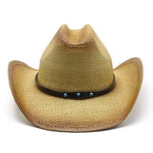 Detail of straw cowboy hat featuring woven texture and turquoise beaded leather band