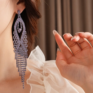 Close-up of long purple crystal tassel earrings with sparkling rhinestones on model