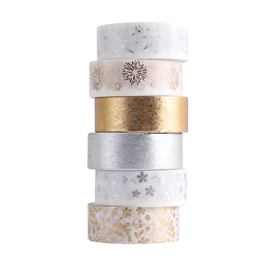 Set of 6 gold and silver metallic foil washi tapes with floral and leaf patterns