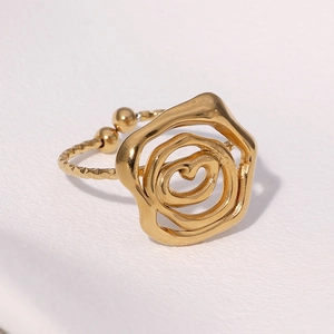 Elegant 18k gold-plated stainless steel open ring with artistic rose flower design