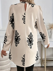 Elegante langärmlige Satinbluse für Damen in Beige mit schwarzem Blumenmuster-Print