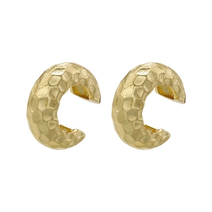 Vintage 18K gold plated C-shaped earrings with hammered honeycomb texture on white background