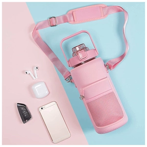 Pink SBR neoprene water bottle sleeve with adjustable shoulder strap and storage pockets