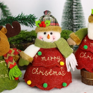 Detail of plush snowman Christmas candy bag with Merry Christmas embroidery and red scarf