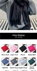 Detailed palette of classic solid cashmere-feel scarves with soft fringe in 8 colors