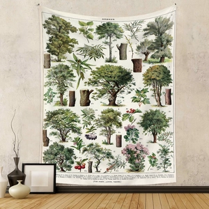 Vintage botanical tree tapestry wall hanging with retro nature illustrations for home decor