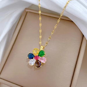 Elegant rotating six-petal flower necklace with colorful crystals and gold chain