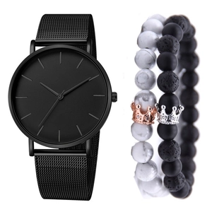 Men's minimalist black quartz watch set with marble and volcanic stone crown bracelets