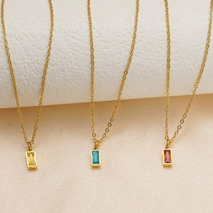 Three gold stainless steel necklaces with rectangular zircon pendants in varied colors