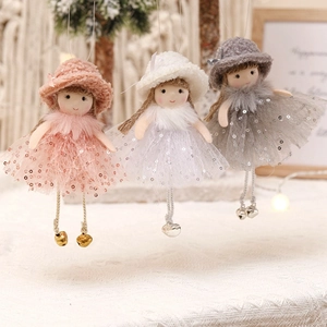 Christmas Angel Girl Ornaments Plush Fairy Doll Pendants With Sequin Mesh Dress And Hanging Bells For Xmas Tree Home Decor