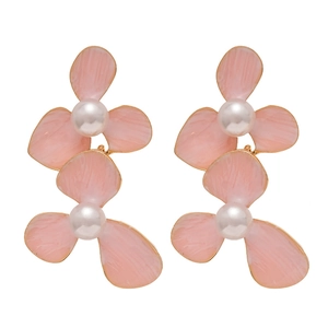 Elegant pink flower earrings with pearls and gold trim, stylish sweet floral dangle studs
