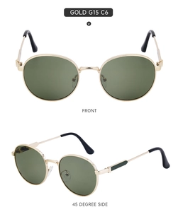 Detail view of round gold metal sunglasses with G15 green lenses in front and side views