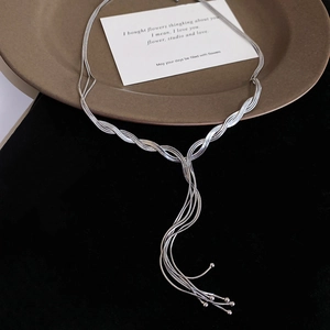 Detail of silver multi-layer tassel necklace with snake chain and round pendant