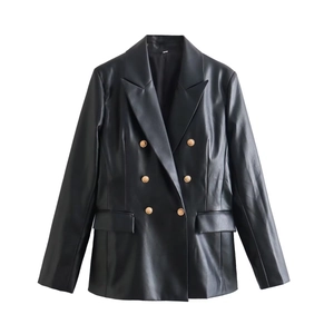 Detail of black PU leather blazer with six decorative gold-tone embossed buttons