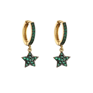 Gold plated hoop earrings featuring green micro-pave star charms on a white background