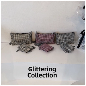 Detailed set of rhinestone chain crossbody bags in gold, pink, and silver black finishes