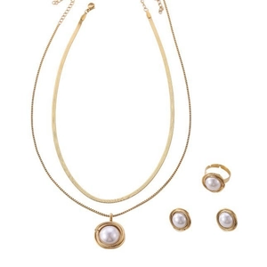 Golden mesh jewelry set with pearl necklaces, matching ring, and elegant stud earrings