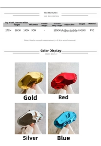 Size chart showing irregular stone-shaped clutch dimensions and metallic color options