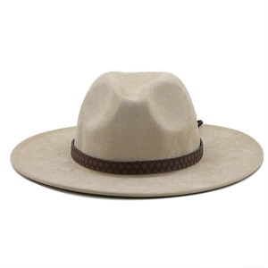 Classic beige western cowboy fedora hat with braided brown band on white background