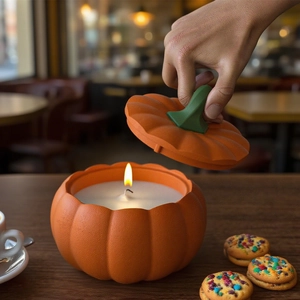 Detail of pumpkin-shaped scented candle jar with a green lid and warm orange texture