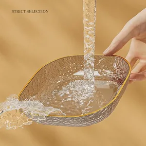 Transparent PET hammered serving tray with gold rim for fruit and dining tables