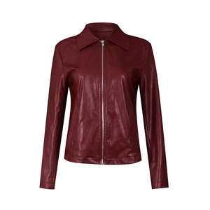 Detail of burgundy PU leather jacket featuring a classic lapel and metallic zipper closure
